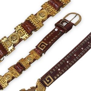 Vintage Leatherock Belt Brown Leather Greek Medusa Gold Tone 90s Size Medium